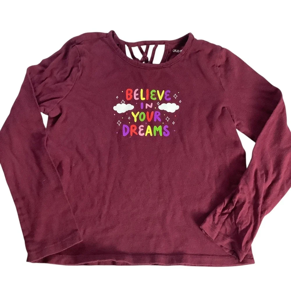 Old Navy‎ Girls Burgundy Graphic Shirt Size M Long Sleeve Lattice Back Shirt